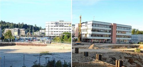 Traunsteiner Großbaustellen: Campus Chiemgau (links) und die Berufsschule an der Wasserburger Straße (rechts). Fotos Eichstädter