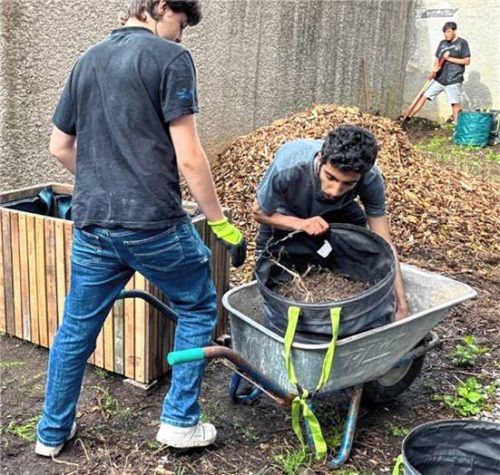 Andre und Hisham bereiten die verschiedenen Schichten für die Hochbeete vor, während Maxi im Hintergrund Säcke mit Hackschnitzeln befüllt. Foto wallner