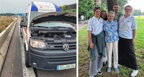 Auf dem Weg nach Nürnberg fing das Herzenswunsch-Hospizmobil plötzlich Feuer. Trotzdem schaffte es die 87-jährige Bärbel (rechtes Bild, Mitte) noch rechtzeitig zur Hochzeit ihrer Enkelin.Foto BRK Rosenheim
