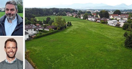 Auf diesem Areal im Nordosten Kolbermoors könnte eine neue Siedlung mit rund 350 Wohneinheiten entstehen. Eine Bürgerinitiative um den Anwohner Dr. Michael Rath (oben links) hat jetzt in Hinblick auf die Planungsprozesse und den Datenschutz bei einer öffentlichen Veranstaltung eine Beschwerde unter anderem gegen Bauprojektentwickler Dr. Max von Bredow (unten links) eingereicht. Fotos re/re/Hadersbeck