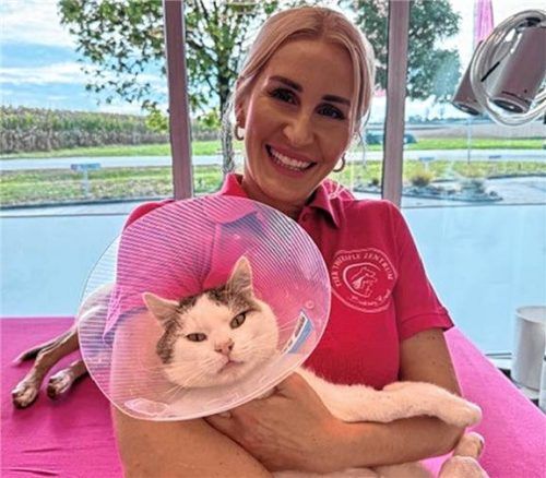 Barbara Baust hält den geretteten Kater Albert in ihrer Praxis. Foto Behringer