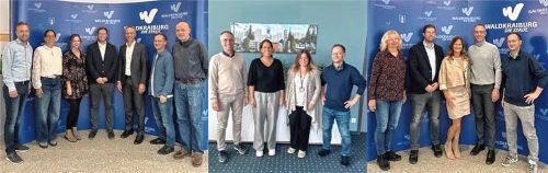 Bürgermeister Robert Pötzsch mit den geehrten Mitarbeitern (Foto links, Dritte und Vierter von links) Daniela Palmer und Robert Maierhofer (Foto Mitte, Dritte von links), Yvonne Schwalb und (Foto rechts, Mitte) Renate Holzmeister und ihren Kollegen.Foto Stadt Waldkraiburg