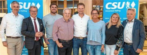 Bürgermeisterkandidat Stefan Schlaipfer (Fünfter von links) mit den Verantwortlichen der Versammlung: (von links) Versammlungsleiter Christian Rieder, Kreisvorsitzender Klaus Stöttner, Michael Rieder, Ortsvorsitzender Peter Böck, Irmi Friedrich, Christina Zehetmayer und Wahlleiter Heinz Stöckl.Foto Böck