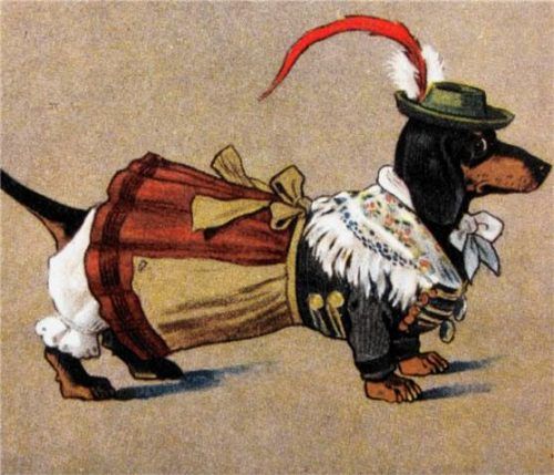 „Dackel in Tracht“ von Paul Otto Engelhard entstand um 1905 (Verlag Ottmar Zieher). Foto  re