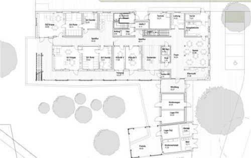 Das Erdgeschoss im Grundriss: Hier ist der Kindergarten untergebracht, im 1. Stock die Krippe, darüber die Vereine.