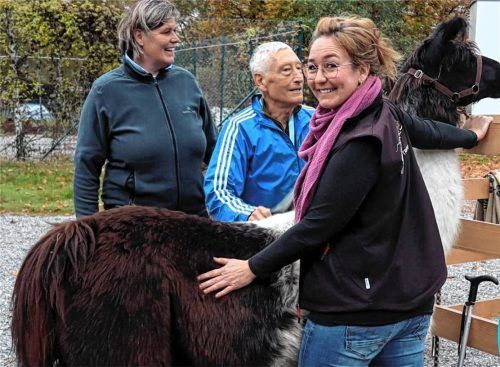 Das zehn Jahre alte Lama „Toulouse“ genießt die Streicheleinheiten von Schlaganfallpatient Ludwig Keck (Mitte), betreut von den Therapeutinnen Michaela Kreitmair (links) und „Lama-Lisi“ Elisabeth Astner (rechts). Foto Peter Strim