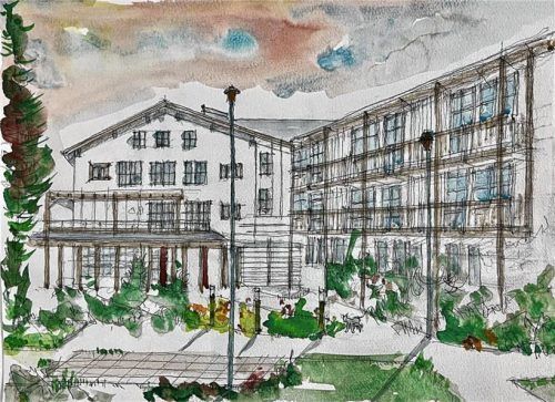 Der Zugangsbereich des Alten- und Pflegeheimes nach einer Zeichnung des ehemaligen Heimbewohners Professor Walter Nitsch.Foto  Krammer