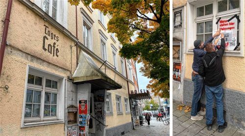 Die Linken haben mit einer Protestaktion vor dem „Goldenen Hirsch“ für Unmut gesorgt – vor allem bei den neuen Eigentümern (rechts). Fotos privat