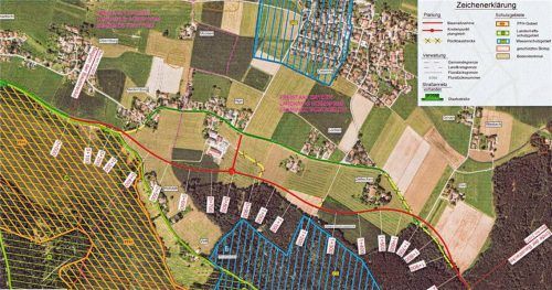 Die rote Linie zeigt den fiktiven Straßen verlauf auf.Stache