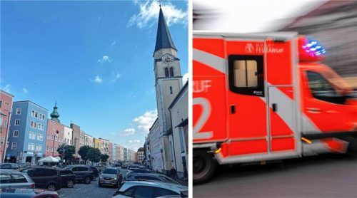 Ein 27-Jähriger verletzte sich am vergangenen Mittwoch selbst schwer mit einem Messer, lief danach blutend und nur in Unterhose bekleidet über den Mühldorfer Stadtplatz. Ein Rettungswagen brachte ihn ins Krankenhaus, wo er notoperiert wurde. Fotos Honervogt; dpa
