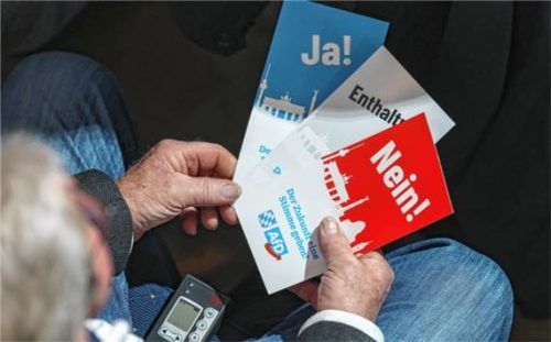 Ein Delegierter mit Abstimmungskarten für „Ja“, „Enthaltung“ und „Nein“ beim Landesparteitag der AfD Bayern im Hippodrom. Foto dpa