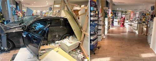 Nachdem eine Frau am Montag mit ihrem Auto in die Römer-Apotheke an der Ebersberger Straße gekracht war, konnte die Apotheke bereits am gestrigen Dienstag wieder öffnen. Vom Schaden: kaum etwas zu sehen. Fotos Polizei Rosenheim/Privat