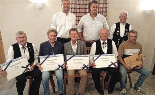 Obermeister Reinhard Obermeier (stehend, von links), sein Stellvertreter Christian Müller und der Präsident des Landesinnungsverbandes Bayern, Peter Eicher, zeichneten bei der Freisprechungsfeier auch die Betriebsjubilare (sitzend, von links) Josef Auer, Ralf Brodschelm, Peter Weber, Johann Zieglgänsberger und Rupert Neulinger aus. Fotos maier