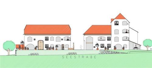 So sieht die aktuelle Planung des „Wohnhofs“ in Seeon von der Seestraße aus: Das rechte Gebäude verfügt über einen Turm, in dem ein Gemeinschaftsraum für die Bewohner vorgesehen ist.Rasch