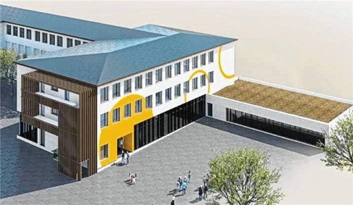 Über die Fassadengestaltung ist noch nicht entschieden. Der grundsätzliche Plan zur Erweiterung und Sanierung der Grundschule in Bernau aber steht. Der Gemeinderat gab den Plänen grünes Licht. Die Animation zeigt (rechts) die Turnhalle, den Neubau für die Erweiterung und den Altbestand, der saniert werden wird.  Architekturbüro Sommersberger