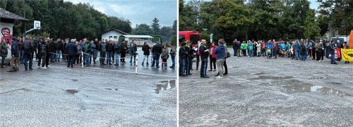 Um ihren Protest gegen die geplante Unterkunft für Geflüchtete zu zeigen, versammelten sich einige Menschen auf dem Volksfestplatz, auch eine Gegendemo bildete sich. Fotos Baumeister