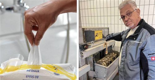 Viele Menschen meinen, nur feucht macht nach dem Toilettengang richtig sauber. Stefan Wiatr, Betriebsleiter der Kläranlage Mühldorf, und seinen Kollegen bereiten die Feuchttücher jede Menge Arbeit.Fotos dpa/Latta