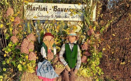An den Ortseingängen begrüßen seit Samstag Bauernfamilien aus Stroh die Schnaitseer Gäste beim Martinimarkt. Foto unterforsthuber