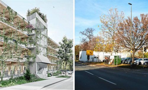 Auf dem bisherigen Parkplatz am Kolbermoorer Bahnhof (rechts) könnte bald ein modernes Parkhaus (links) für 236 Fahrzeuge entstehen. Sorgen bereitet jedoch eine genehmigte Wohnung am Rande des Parkplatzes im Gebäude, in dem sich einst der Imbiss „Dönerium“ befunden hatte. Foto Riediger, WESTNER SCHÜHRER ZÖHRER ARCHITEKTEN UND STADTPLANER PARTGMBB