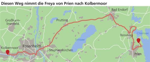 Diese Route nahm das Wikingerschiff Freya von Prien nach Kolbermoor. Klinger