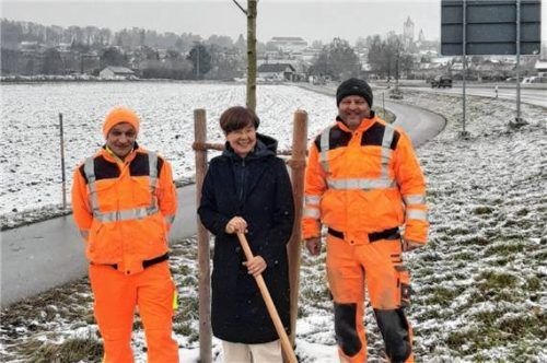 Bürgermeisterin Sissi Schätz mit zwei Mitarbeitern des Bauhofs. Foto re