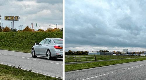 Das „Zentrum für Mobilität“ soll in Mühldorf-Nord zwischen einem Autohaus und einem Bauernhof entstehen (rechtes Foto). Laut Plan soll es 22,50 Meter hoch werden. Das OBI-Schild (links) musste nach dem Willen der Stadt unter 15 Metern bleiben. Foto  Latta