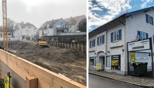 Der ehemalige Anblick des Lindenkinos und des Bettenfachgeschäftes in der Bad Aiblinger Lindenstraße (rechtes Bild) ist längst einer großen Baustelle gewichen. Fotos Bettinger