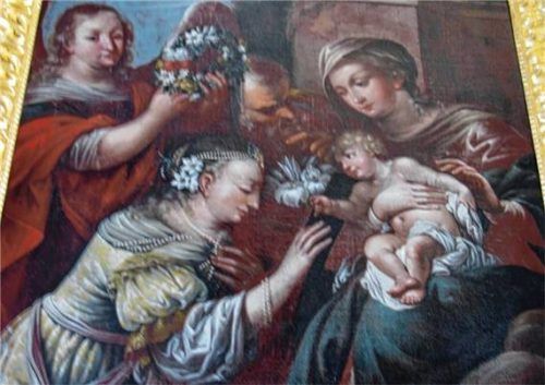 Die mystische Vermählung der heiligen Katharina mit dem Jesuskind – Altarblatt am nördlichen Seitenaltar der Filialkirche Ebrach, gemalt von Gregor Sulzböck 1688/92.Foto steffan