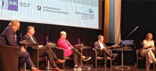 Diskutierten über „Wirtschaft und Gesellschaft: „Gemeinsam stark für eine Region“: (von links) Kai Röpke, Stephan Mayer, Ingrid Obermaier-Osl und Philipp Lahm mit Moderatorin Caroline Voit. Foto Lohmann