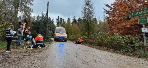 Ein Übungsszenario der Malteser an einer Forststraße bei Pfaffing.Foto Malteser