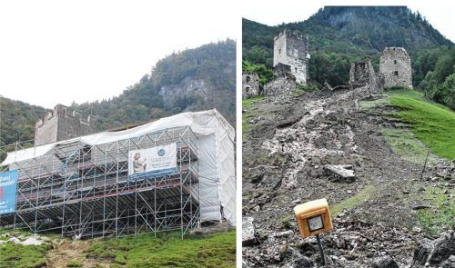 Fördermittel genehmigt: Aktuell schützt ein Gerüst vor weiteren Schäden, wie sie am 3. Juni 2024 entstanden (rechts). Foto Steffenhagen/dpa