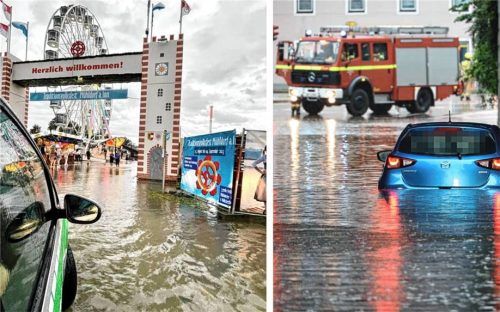 Große Herausforderungen für die Feuerwehren bringen Hochwasser, Starkregen und Stürme mit sich, wie hier bei der Überflutung des Mühldorfer Volksfestplatzes im August 2023. Fotos fib