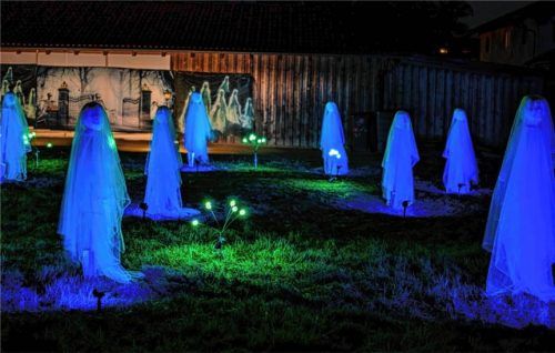 Leuchtende Schlossgespenster im Garten von Edelgard Stuffer, die geheimnisvoll und still in der Dunkelheit wirken. Foto Nitzsche