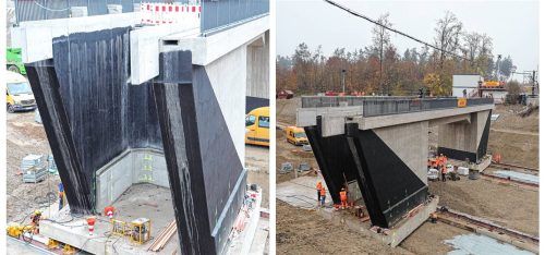 Mittels Hydraulikpressen wird die Brücke Zentimeter für Zentimeter langsam bewegt (linkes Bild). Nach einer knappen halben Stunde war die Bahnbrücke bereits deutlich in Richtung Gleis verschoben (rechtes Bild).Fotos Lohmann