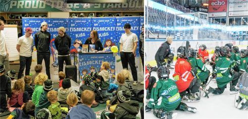 Nachdem den Spielern der U7 und der U9 von Kinderbuch-Autorin Sabine Hahn in der Kabine der Starbulls Rosenheim vorgelesen wurde, durften sie mit den Profis auf dem Eis trainieren. Fotos Starbulls Rosenheim
