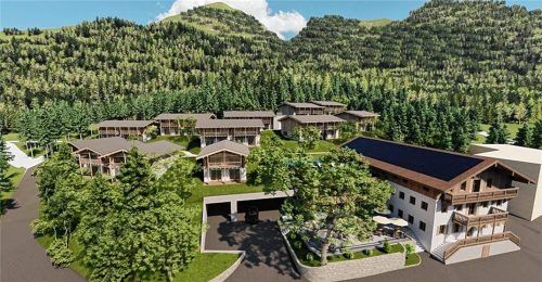 So könnte es aussehen: das Ensemble mit dem kernsanierten Oberwirt (vorne rechts) und den Chalets (hinten). Foto Bauplus