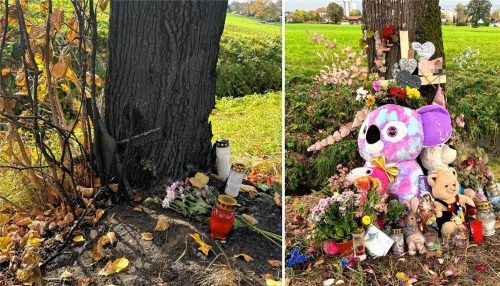 Viele der Erinnerungsstücke an den tödlichen Unfall in der Kirchbachstraße sind an der Gedenkstelle verbrannt. Foto Montage: Privat