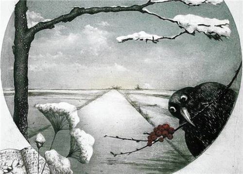 Zum 80. Geburtstag von Josef Werner werden in den Ausstellungsräumlichkeiten im Kronast-Haus Radierungen des Künstlers gezeigt. Die Motive – wie etwa in seiner Arbeit „Winter“ – bewegen sich zwischen Realität und Surrealität und erzählen leise, poetische Geschichten.Foto Werner
