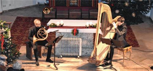 Das Duo Harfe.Horn: Sebastian Krause (links) und Johann Niedermaier boten zwei prächtige Konzerte in der Seebrucker Pfarrkirche. Foto td