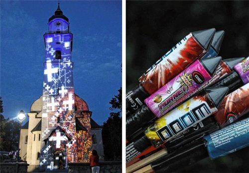 Eine Alternative zum üblichen Feuerwerk? In Kiefersfelden wird die Pfarrkirche in diesem Jahr auf besondere Weise beleuchtet. Fotos elsner/Re