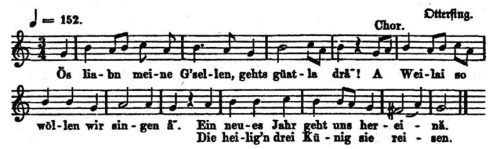 Eine Melodie aus Otterfing, gedruckt 1884 in der Sammlung „Volksthümliche Weihnachtslieder“ von Hartmann/Abele. EBES-Volksmusik