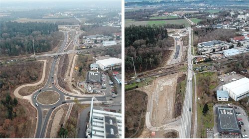 Genau ein Jahr liegt zwischen den beiden Luftaufnahmen. So haben sich Pürtener Kreuzung und der Bahnübergang verändert.Fotos  Stuffer