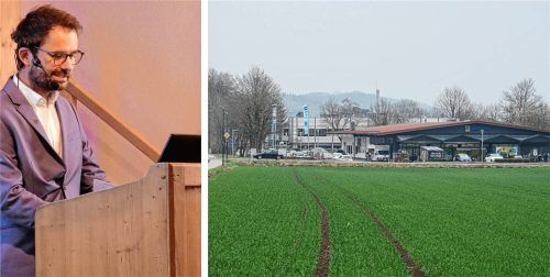 In der Bürgerversammlung der Gemeinde Feldkirchen-Westerham klärt Bürgermeister Johannes Zistl über den aktuellen Stand des neuen Nahversorgungszentrums auf. Fotos Merk