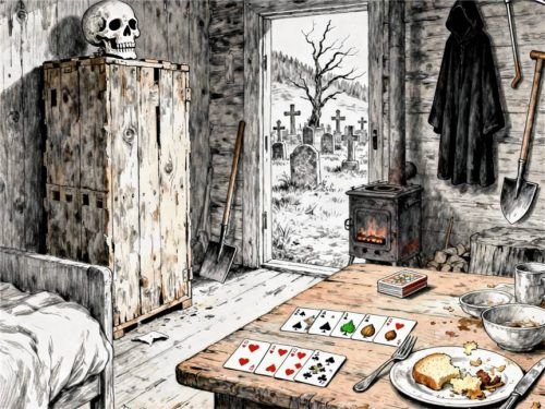 In einer Hütte neben dem Friedhof lebte Boandl, der Sensenmann. Das Bühnenbild zu „Boandlgeheimnis“, dem neuen Stück des Theatervereins Hart, wird so ähnlich aussehen. Noch wird fleißig daran gebaut. Foto Theaterverein Hart