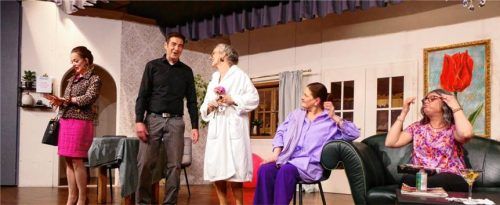 Klaus Nieberl (Christian Pfaffenhuber) und seine Frau Sonja (Antonia Wolfenstetter, links) versuchen, seiner Mutter Elvira (Regina Wolfenstetter, von links) und deren Schwestern Amalia (Kathl Wilhelm) und Mia (Vroni Speicher) das Leben im Kurhotel schmackhaft zu machen. Fotos Hauser