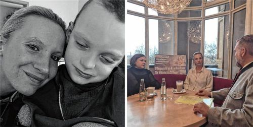 Kuschelstunde und Diskussionsrunde: Viktoria Zettel mit Sohn Finni sowie im Bayerischen Landtag mit Simone Brugger und dem CSU-Abgeordneten Sascha Schnürer. Fotos re
