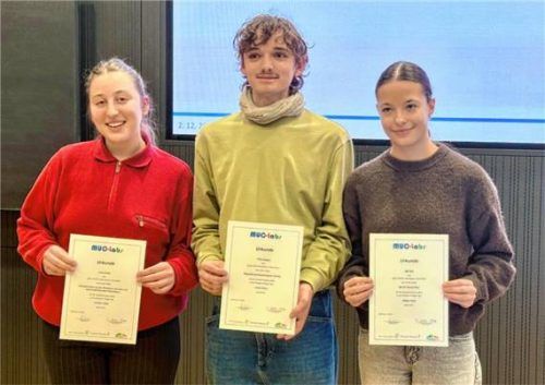 Lena Huber, Fritz Angele und Juli Keil (von links) wurden für ihre Forschungsarbeiten bei der „MUC-Labs-Schülerkonferenz“ ausgezeichnet.Foto igg