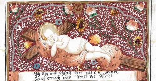 „Liegendes Jesuskind“, Pergamentschnitt, süddeutsch, zweite Hälfte 18. Jahrhundert (Privatbesitz). gärtner