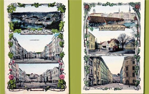 Mehrbildkarten im Irisdruck, Heliochromdruck in Wasserburger Verlagen Konrad Doser (links) und Hans Grau (rechts), jeweils um 1900/nach 1902. Fotografen unbekannt. Stadtarchiv Wasserburg, Sammlung Kannengießer, PkS-GK-6.Foto re