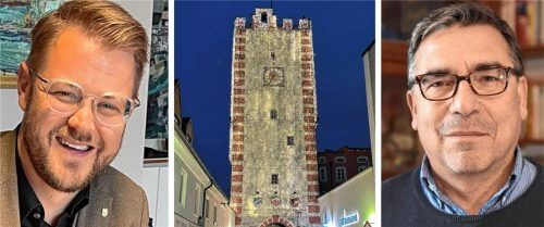 Mühldorf wird das neue Jahr erstmals mit einem zentralen Feuerwerk vom Nagelschmiedturm begrüßen. Marc O. Dreher (rechts) sorgt sich um den Turm und die historischen Gebäude daneben. Bürgermeister Michael Hetzl versichert: „Die Häuser verfügen über brandsichere Dächer.“ Fotos Latta, privat